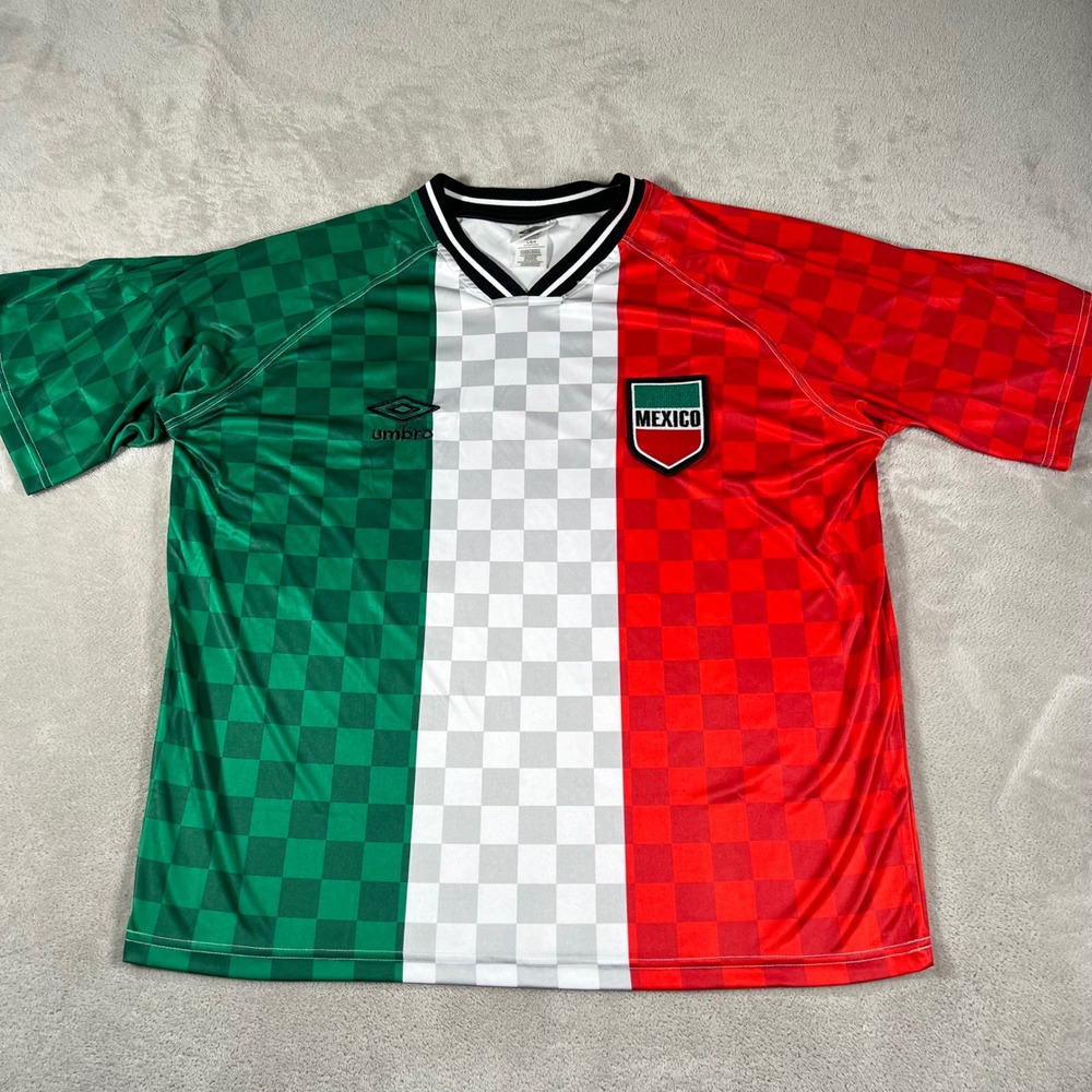 Umbro Mexico Soccer Jersey Men's Large Green White Red Checkered V-Neck Shirt